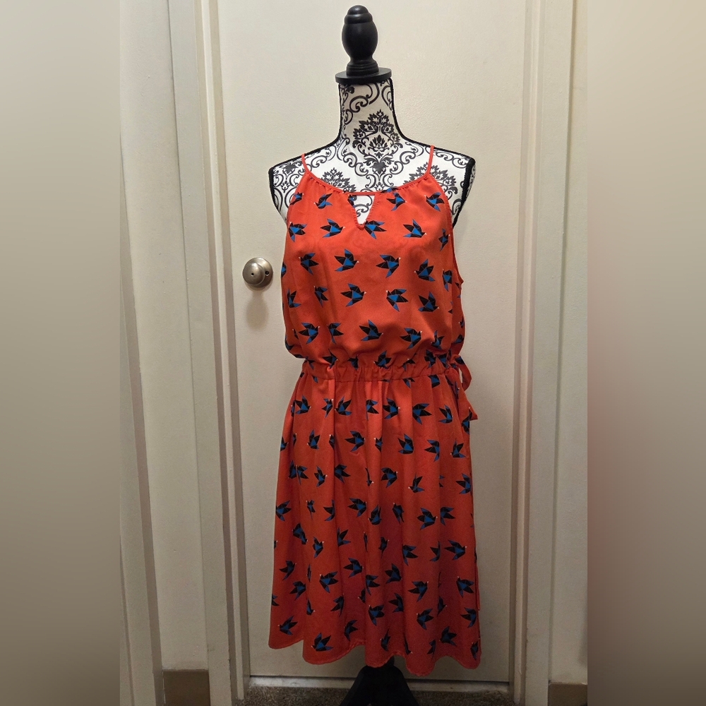 Pixley Orange Bird-Print Midi Dress